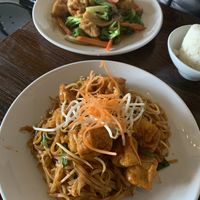 Pad Thai tofu, no egg, no fish sauce. (Front) Pad pakk, tofu no fish sauce (back) at Kittiwat Thai Kitchen in Frederick