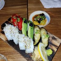 Sushi plate with grilled bell pepper, avocado, eggplant, and a nice roll #Veganuary at Nami in Varberg