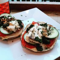 Everything hummus bagel at Pressed Cafe in Burlington