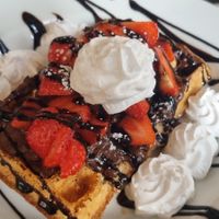 Waffles with strawberry and chocolate hazelnut at Prana Cafe in Leicester