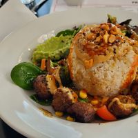 Buddha rice bowl with vegan meatballs at Prana Cafe in Leicester