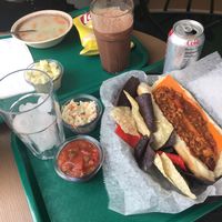 Chili cheese dog. Cole slaw. Potato salad and potato soup. Choco milkshake at Bread Bowl Cafe in Milford