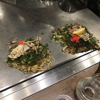 Okonomiyaki (pancake, cabbage, noodles, veggies and YUMMY mushrooms)  at Kamehameha - かめはめは in Kyoto