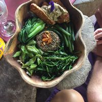 Pesto rice with greens, hummus and Tempe  at Swasti Beloved Cafe in Ubud