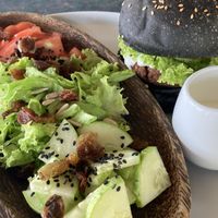 Mushroom patty burger  at Indiana vegan Cafe & Yoga in Langkawi