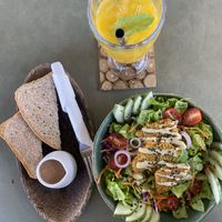 Rainbow salad and mango juice   at Indiana vegan Cafe & Yoga in Langkawi