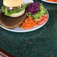 Eggplant and bean paddy burger  at Indiana vegan Cafe & Yoga in Langkawi