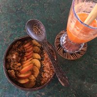 Tropical smoothie bowl and carrot juice at Indiana vegan Cafe & Yoga in Langkawi