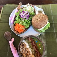Bean burger & Green Smoothie bowl at Indiana vegan Cafe & Yoga in Langkawi