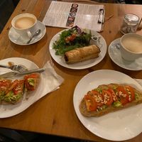 Oat lattes, vegan sausage roll, avo on toasts  at Moments Cafe in Barnard Castle