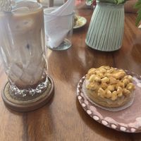 apple pie donut and iced mocha   at Narcisa Vegan Bakery in San Salvador