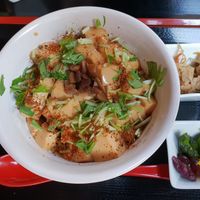 Tofu donburi bowl with pickles. Super filling 1000¥ at Toryanse in Kyoto