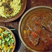 Vegan moussaka (eggplant/aubergine) with rice and salad at El Attar Middle Eastern Grill in Toowoomba