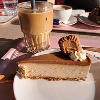Vegan biscoff cheesecake and ice latte with oat milk at Cafe Lasipalatsi in Helsinki