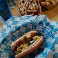 Chicago style hotdog with tater tots and French fries at The Moonlighter in Chicago