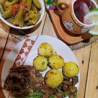 Fried seitan with potatoes, salad and pickles at KIPI Natural in Latacunga