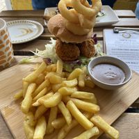 Fried mushroom burger: quite good. The ‘burger’ is made of fried whole mushrooms (champignons)  at Karmic Cakery in Berwick-upon-tweed