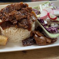 Mongolian no beef: sooo good! Very tasty sauce and meaty structure. The fried rolls are very tasty as well.  at Karmic Cakery in Berwick-upon-tweed