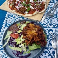 Onion Bhaji and Turkish Flatbread  at Karmic Cakery in Berwick-upon-tweed