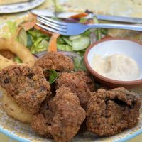 Breaded mushrooms and onion rings   at Karmic Cakery in Berwick-upon-tweed