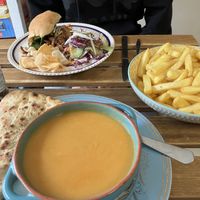 Soup w naan and pulled mushroom burger and chips to share  at Karmic Cakery in Berwick-upon-tweed