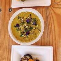 Top: BBQ Jackfruit mini montadito. Middle: Dhal with coconut milk. Bottom: sushi teriyaki at AguaViento WaterWind - Food Truck in Cadiz
