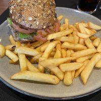 Vegan burger with fries  at Monida Bistro Cremerie in Kalmthout