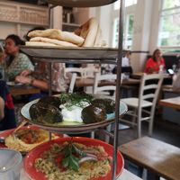 Flatbread, dolmades (non-vegan), melitzanosalata and Santorini fava at The Real Greek - Covent Garden in London