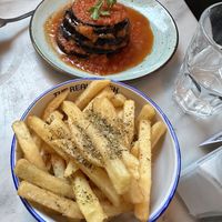 Chips and aubergine  at The Real Greek - Covent Garden in London
