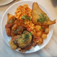 Chickpea filo triangles | Jackfruit stifado | Jackfruit moussaka | Gigandes with spinach | Pourgouri  at The Real Greek - Covent Garden in London