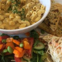 Mac and Scheeze with garlic bread. Delicious !  at Bluestone Coffee Shop in Barrhead