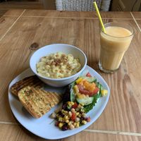 Vegan macaroni cheese and tropical smoothie  at Bluestone Coffee Shop in Barrhead