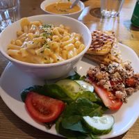Mac n cheese with garlic bread at Bluestone Coffee Shop in Barrhead