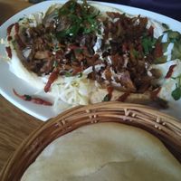 Mushroom and zeitan shawarma on hummus at Zeil Kitchen in Frankfurt