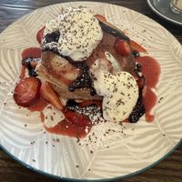 Strawberry Pancakes from the breakfast menu (Dec 2023)  at Four Seasons Bistro in Mittagong
