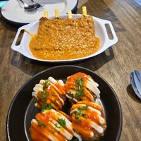 Red curry arancini balls & tofu satay skewers at Little Turtle in Enmore