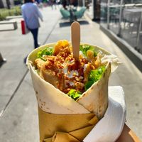 Vegan piadina con straccetti di soia, Mayo, insalata e cipolla fritta at Veg-MI Trike in Milan