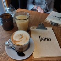 Lavender latte with a shot of expresso and grapefruit juice at Fama Cafe & Manufaktur in Weimar