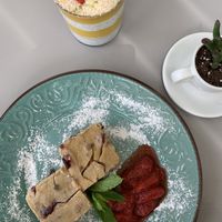 Chia and mango pudding and cake. at Katharos Lounge in Santorini