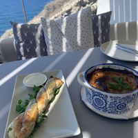 The spinach cheese roll and moussaka at Katharos Lounge in Santorini