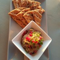 Eggplant dip and pita at Katharos Lounge in Santorini