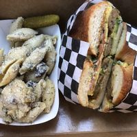 Vegan breakfast bagel with just egg and vegan pasta salad  at Milk Organics in Vista