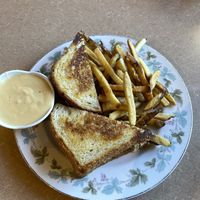 Tempeh “tuna” melt with a side of cheese dip for my fries  at Thrive Diner in Pittsfield