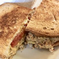 Tempeh “tuna” melt with a bowl of bean chili  at Thrive Diner in Pittsfield