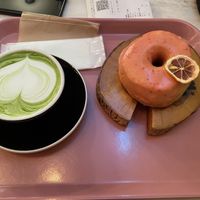 Strawberry donut and matcha latte   at The Little Bakery in Tokyo