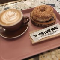 Oatmilk latte & toasted coconut donut at The Little Bakery in Tokyo