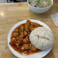 pho and tomato tofu and ricee  at V-Cuisine in Hanoi