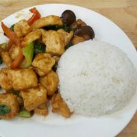 White rice, tofu with mushroom and vegetables 50.000 dongs at V-Cuisine in Hanoi