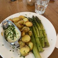 Potatoes and asparagus from the daily menu  at Cafe Zaehringer in Zurich