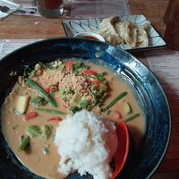 Pinatsu curry don (obviously not a don dish) with tofu gyoza and a small iced tea. at MoschMosch - Goetheplatz in Frankfurt